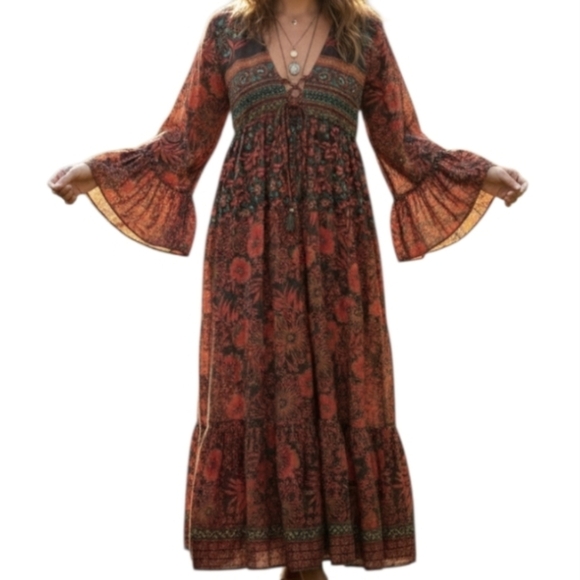 Chaudry Dresses & Skirts - Chaudry | Renaissance Red Floral Boho Maxi Dress | Tiered Flutter Sleeve L